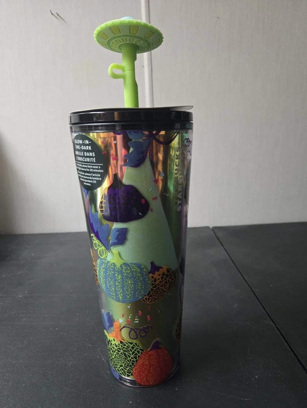 Glow-in-the-Dark Halloween Pumpkin Alien Starbucks Tumbler with Green UFO Lid